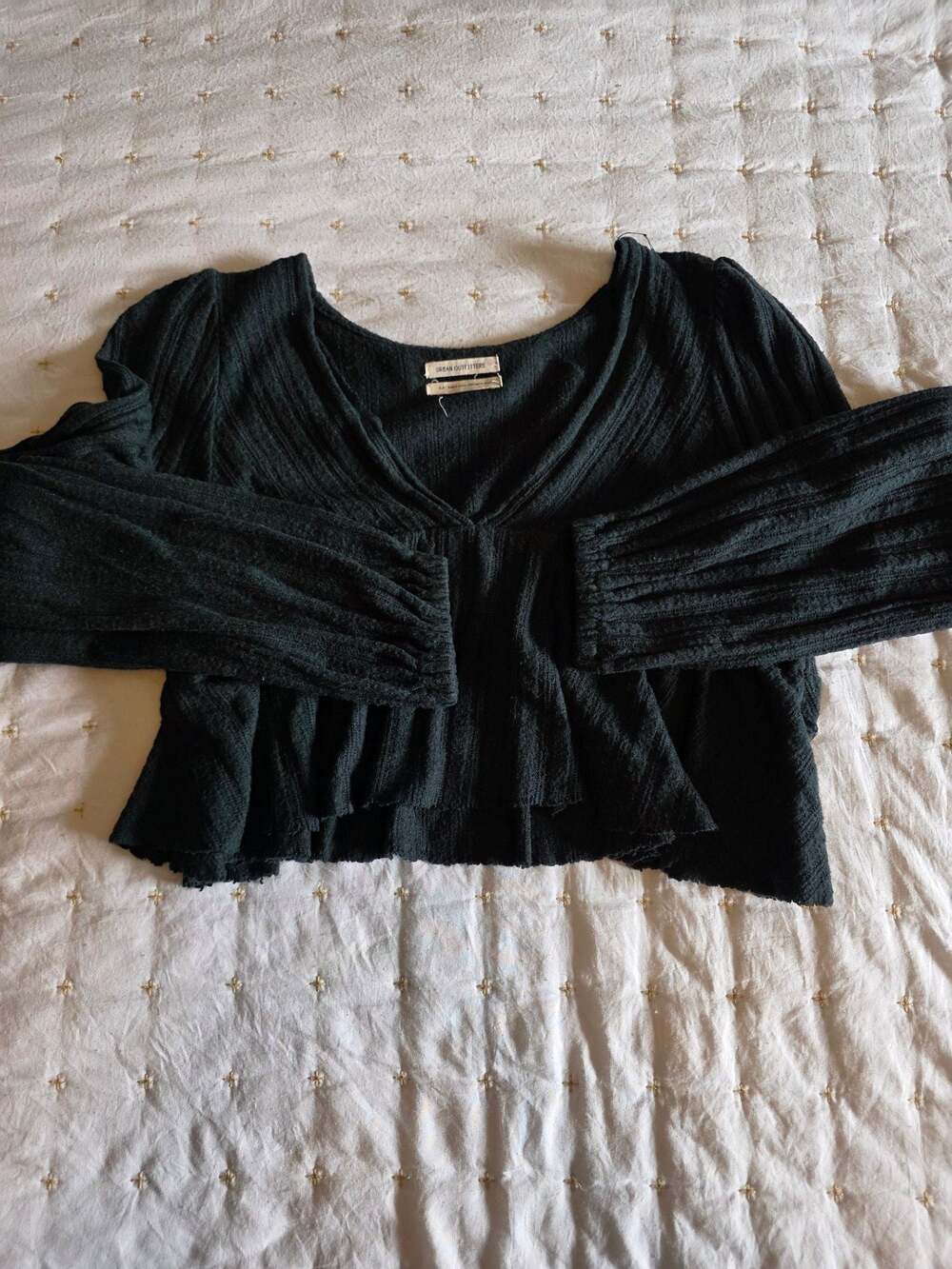 Urban Outfitters Dark Green Long Sleeve Textured Babydoll Crop Top